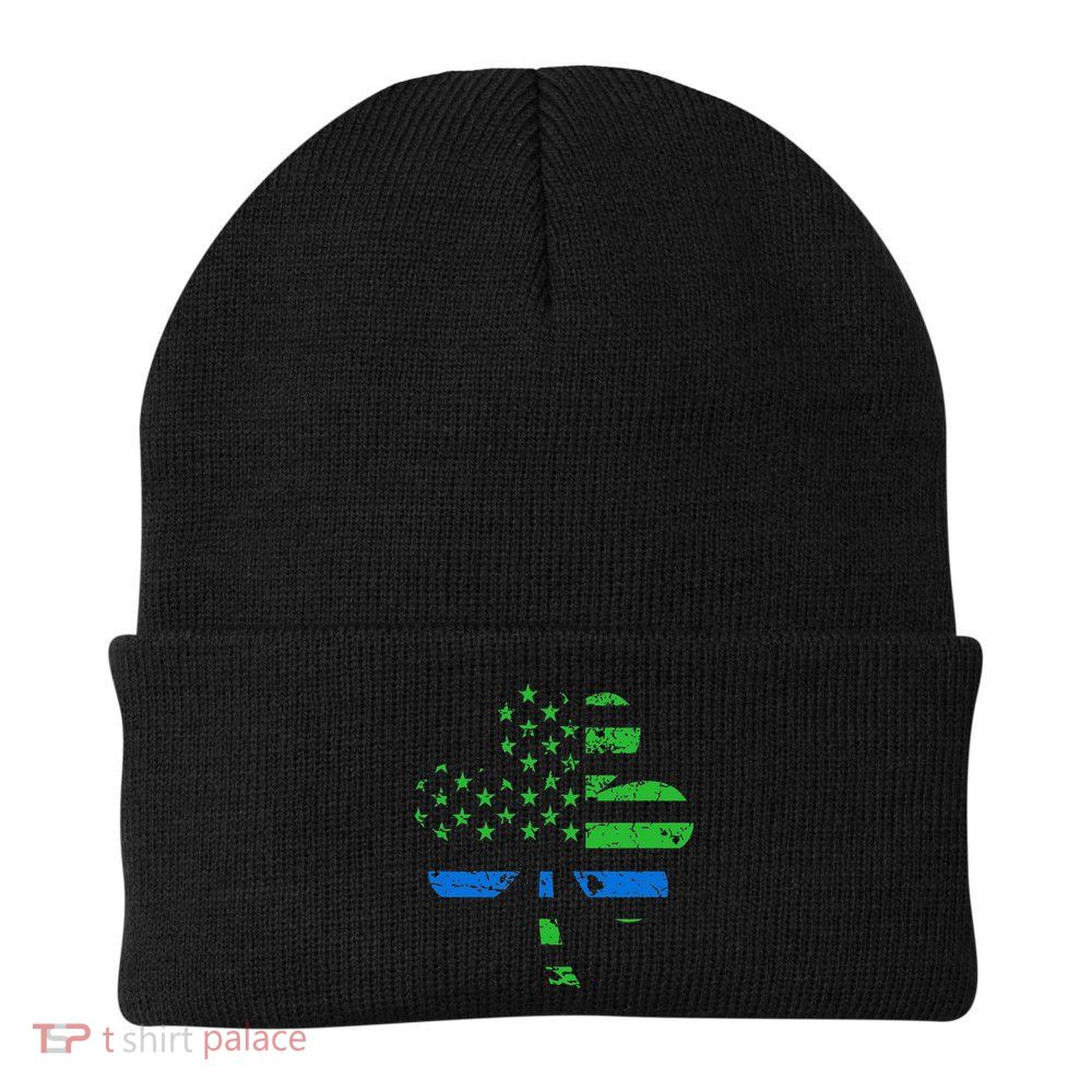 Shamrock USA Flag Thin Blue Line Police St Patricks Day Beanie