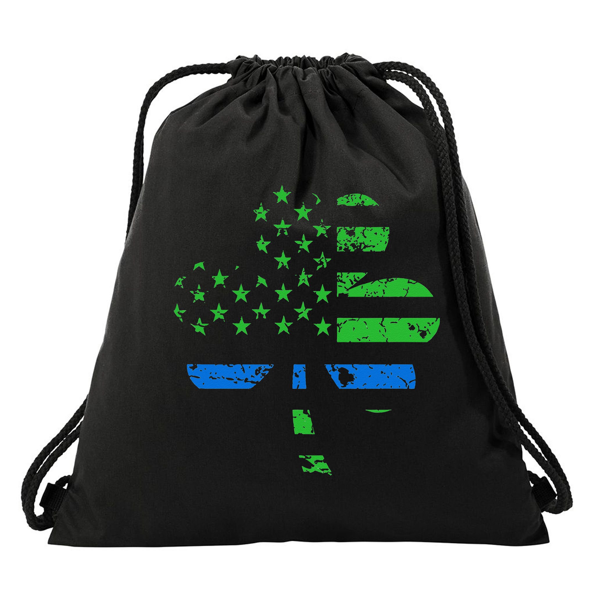 Shamrock USA Flag Thin Blue Line Police St Patricks Day Drawstring Bag