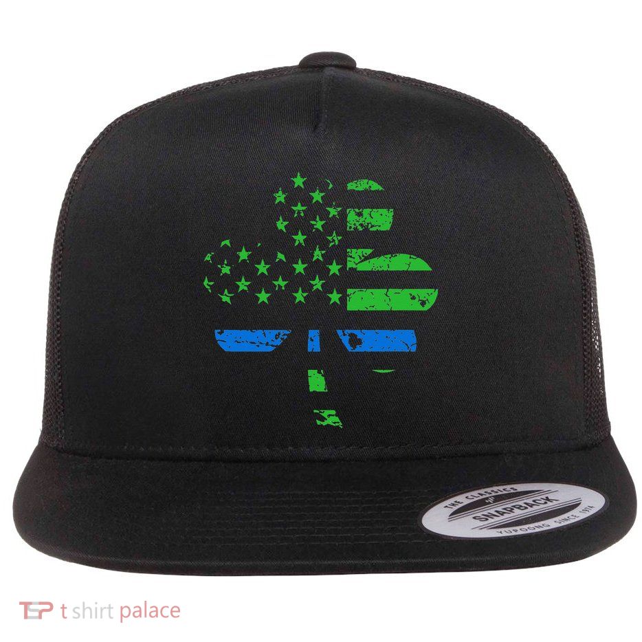Shamrock USA Flag Thin Blue Line Police St Patricks Day Flatbill Hat