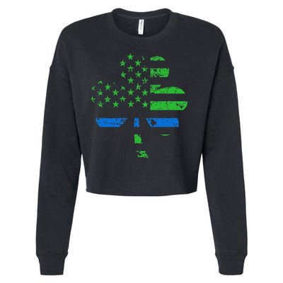 Shamrock USA Flag Thin Blue Line Police St Patricks Day Cropped Pullover Crew