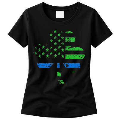 Shamrock USA Flag Thin Blue Line Police St Patricks Day Womens T-Shirt