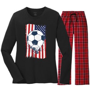 Soccer USA Flag , Soccer Ball Graphic Boys  Women's Long Sleeve Flannel Pajama Set 