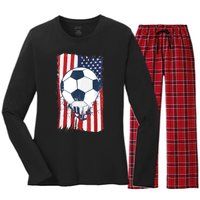 Soccer USA Flag , Soccer Ball Graphic Boys  Women's Long Sleeve Flannel Pajama Set 