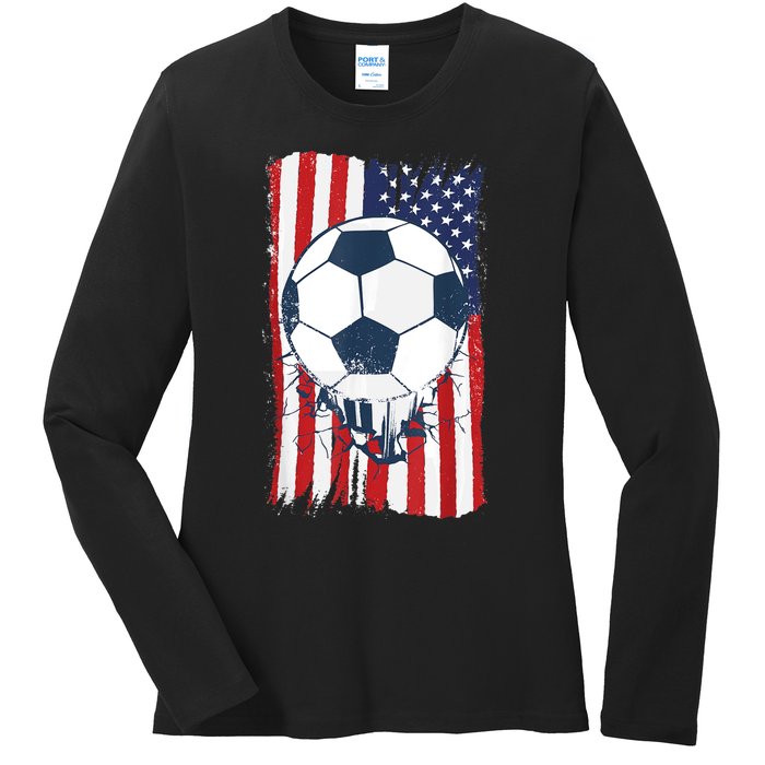 Soccer USA Flag , Soccer Ball Graphic Boys  Ladies Long Sleeve Shirt