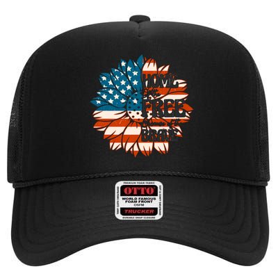 Sunflower USA Flag Home Of The Free Because Of The Brave Gift High Crown Mesh Back Trucker Hat