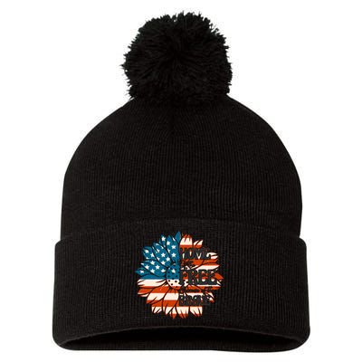 Sunflower USA Flag Home Of The Free Because Of The Brave Gift Pom Pom 12in Knit Beanie