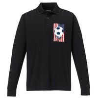 Soccer USA Flag Shirt, Soccer Ball Graphic Performance Long Sleeve Polo