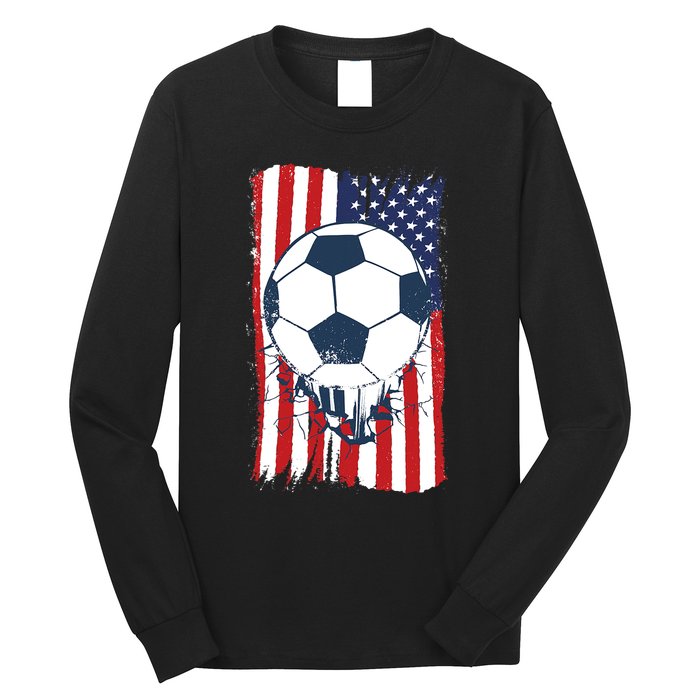 Soccer USA Flag Shirt, Soccer Ball Graphic Long Sleeve Shirt