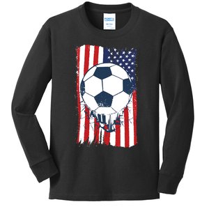 Soccer USA Flag Shirt, Soccer Ball Graphic Kids Long Sleeve Shirt