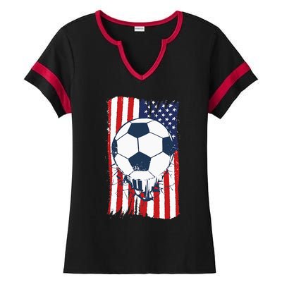 Soccer USA Flag Soccer Ball Graphic Ladies Halftime Notch Neck Tee