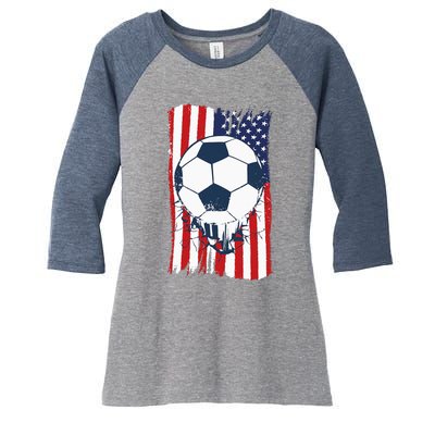 Soccer USA Flag Soccer Ball Graphic Women's Tri-Blend 3/4-Sleeve Raglan Shirt