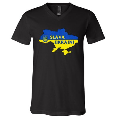 Slava Ukraini Glory To Ukraine Support Ukrainian Flag V-Neck T-Shirt