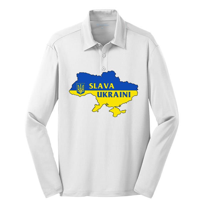 Slava Ukraini Glory To Ukraine Support Ukrainian Flag Silk Touch Performance Long Sleeve Polo