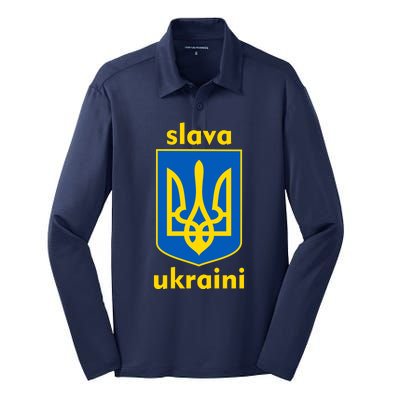 Slava Ukraini Glory To Ukraine Trident Stand Support Silk Touch Performance Long Sleeve Polo