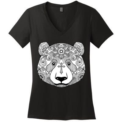 Sugar Flower Grey Style Panda Bear Women's V-Neck T-Shirt