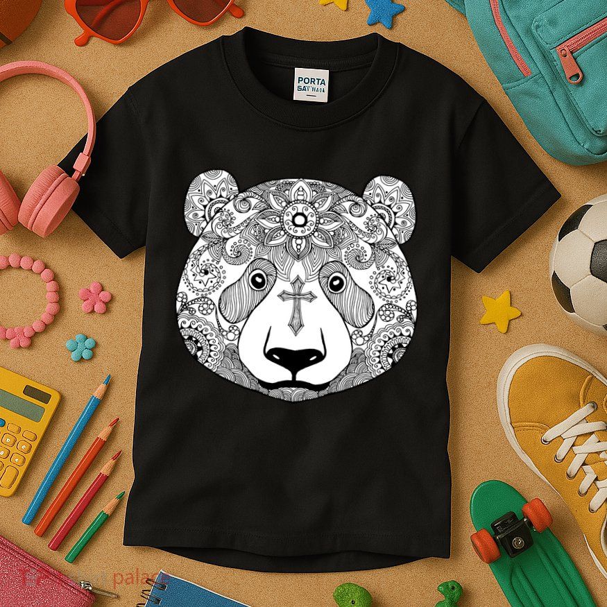 Sugar Flower Grey Style Panda Bear Kids T-Shirt