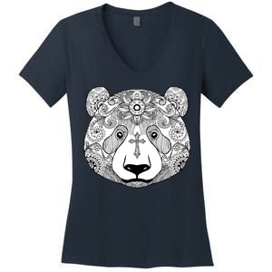 Sugar Flower Grey Style Panda Bear Women's V-Neck T-Shirt