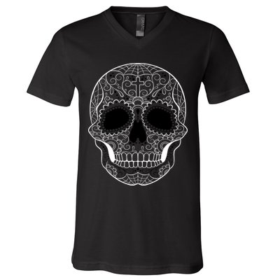 Sugar Skull Black & White Day of the Dead V-Neck T-Shirt
