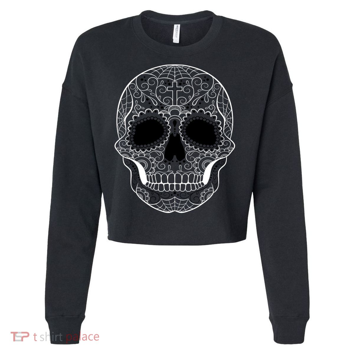 Sugar Skull Black & White Day of the Dead Cropped Pullover Crew