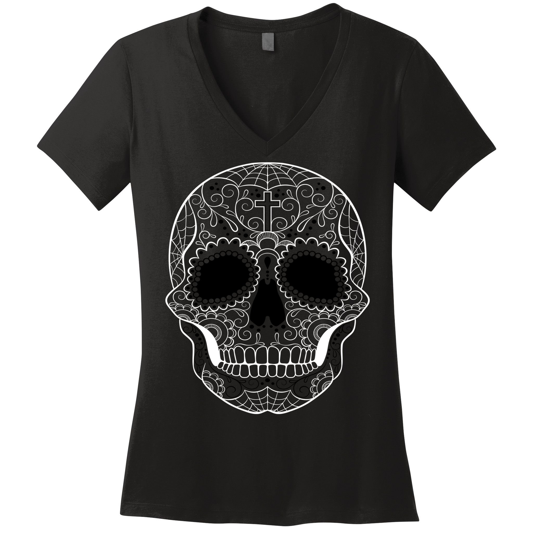 Sugar Skull Black & White Day of the Dead Women's V-Neck T-Shirt