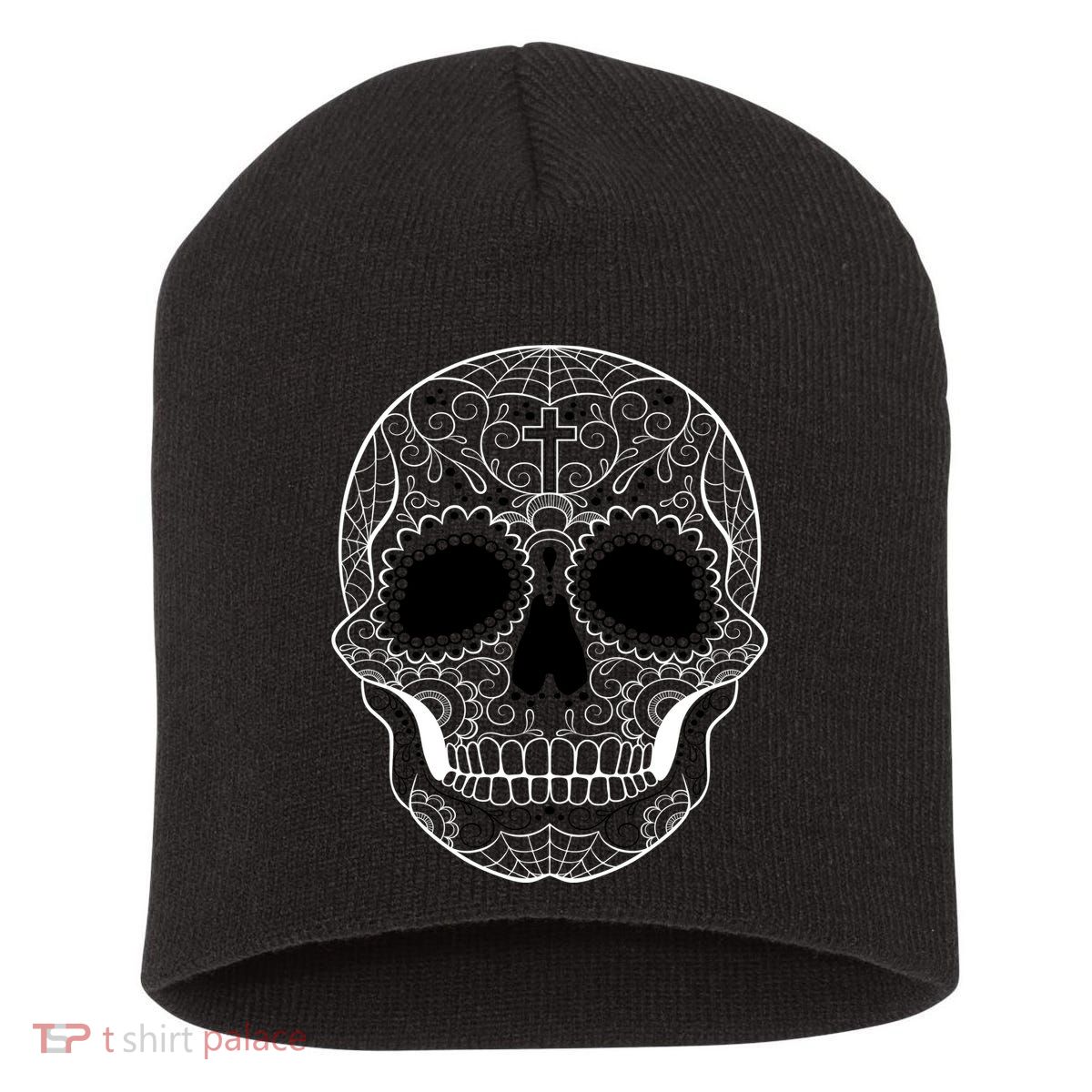 Sugar Skull Black & White Day of the Dead Short Acrylic Beanie