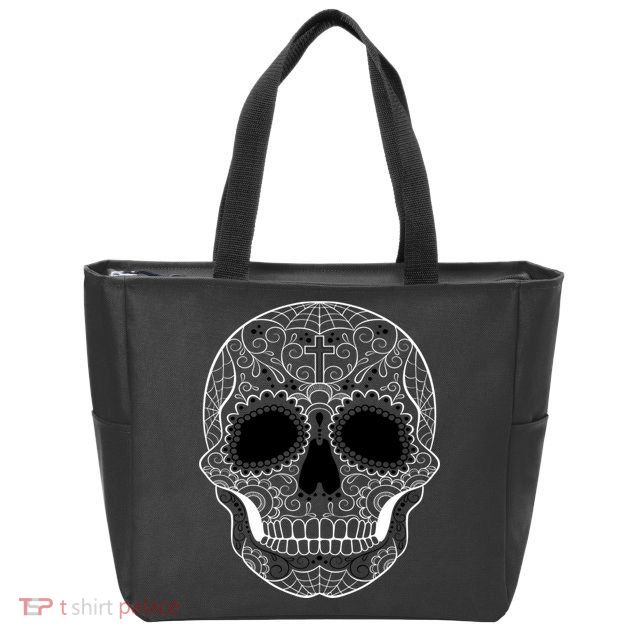 Sugar Skull Black & White Day of the Dead Zip Tote Bag