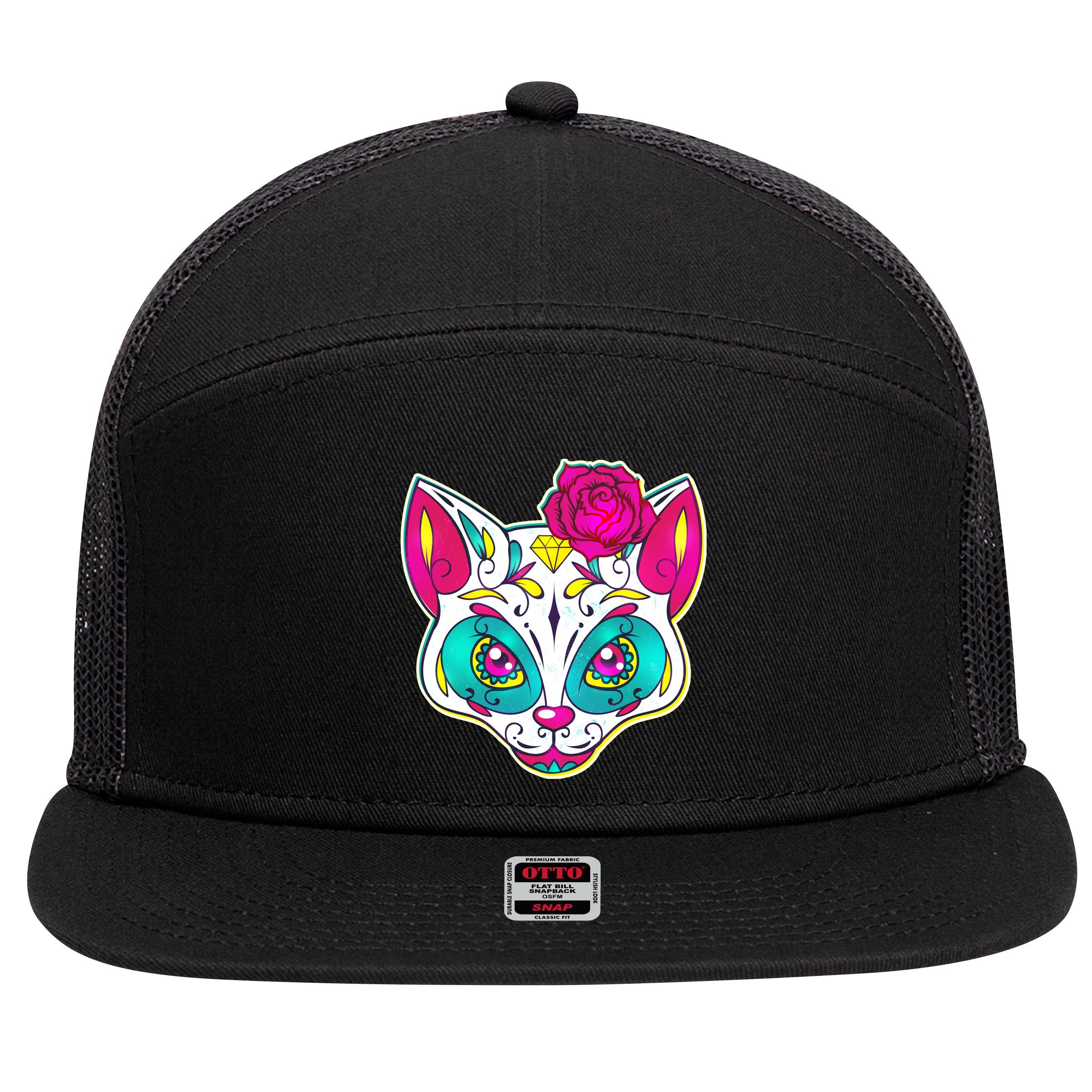 Sugar Skull Cat 7 Panel Mesh Trucker Snapback Hat