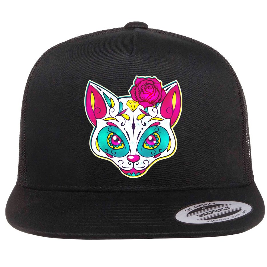 Sugar Skull Cat Flat Bill Trucker Hat