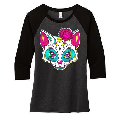 Sugar Skull Cat Women's Tri-Blend 3/4-Sleeve Raglan Shirt