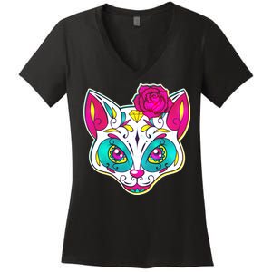 Sugar Skull Cat Women's V-Neck T-Shirt