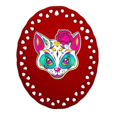 Sugar Skull Cat Ceramic Oval Ornament