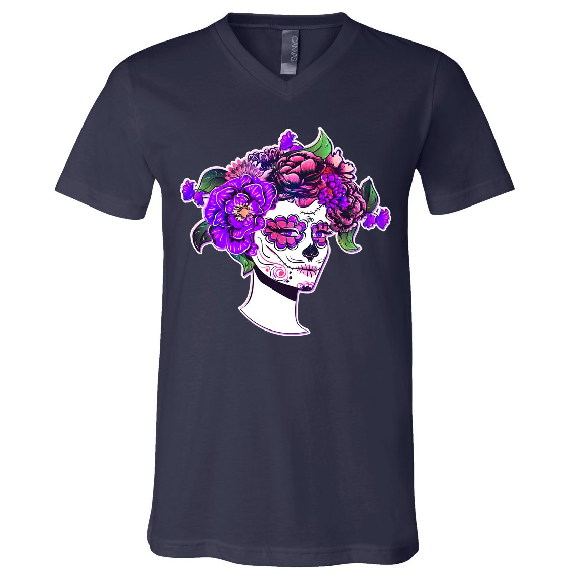 Sugar Skull Flower Girl V-Neck T-Shirt