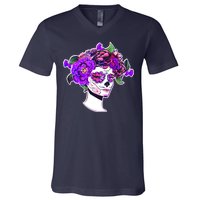 Sugar Skull Flower Girl V-Neck T-Shirt