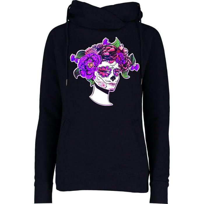 Sugar Skull Flower Girl Womens Funnel Neck Pullover Hood