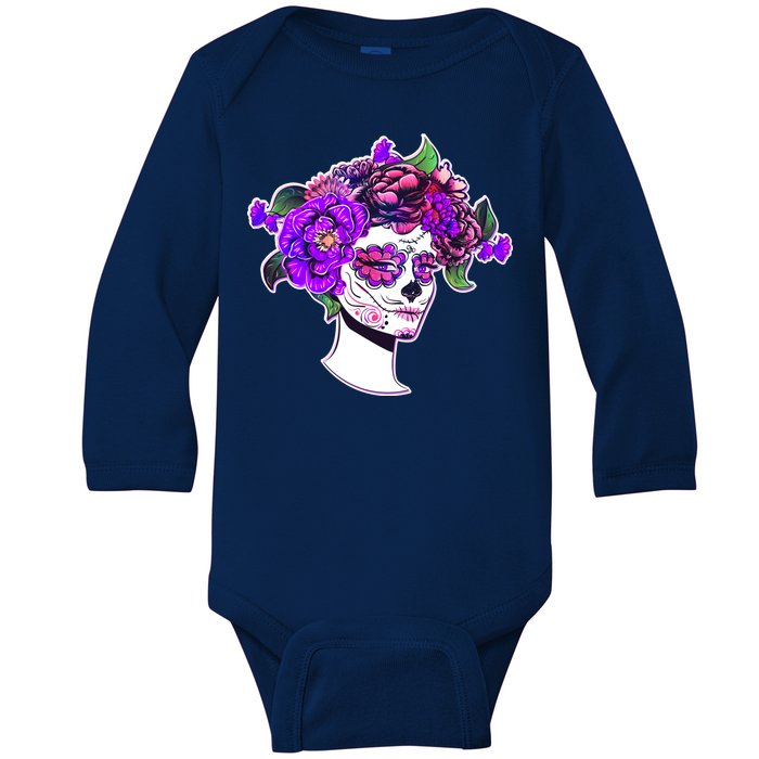 Sugar Skull Flower Girl Baby Long Sleeve Bodysuit