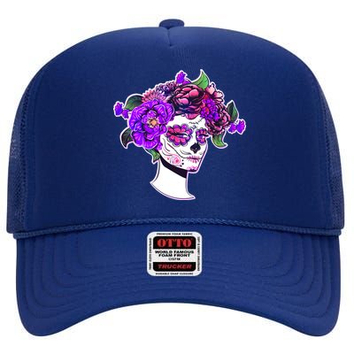 Sugar Skull Flower Girl High Crown Mesh Back Trucker Hat