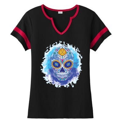 Sugar Skull Watercolor Ladies Halftime Notch Neck Tee