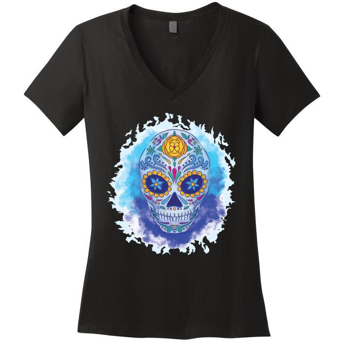 Sugar Skull Watercolor Women's V-Neck T-Shirt