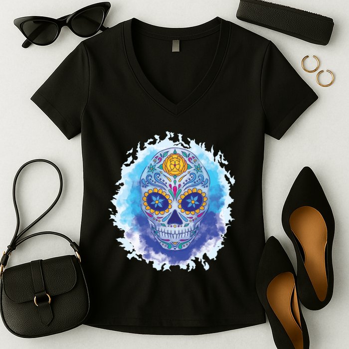 Sugar Skull Watercolor Women's V-Neck T-Shirt