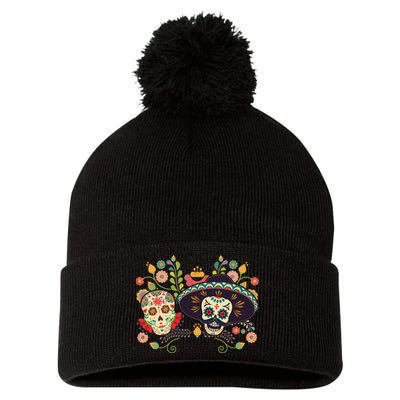 Sugar Skulls Day of the Dead Pom Pom 12in Knit Beanie