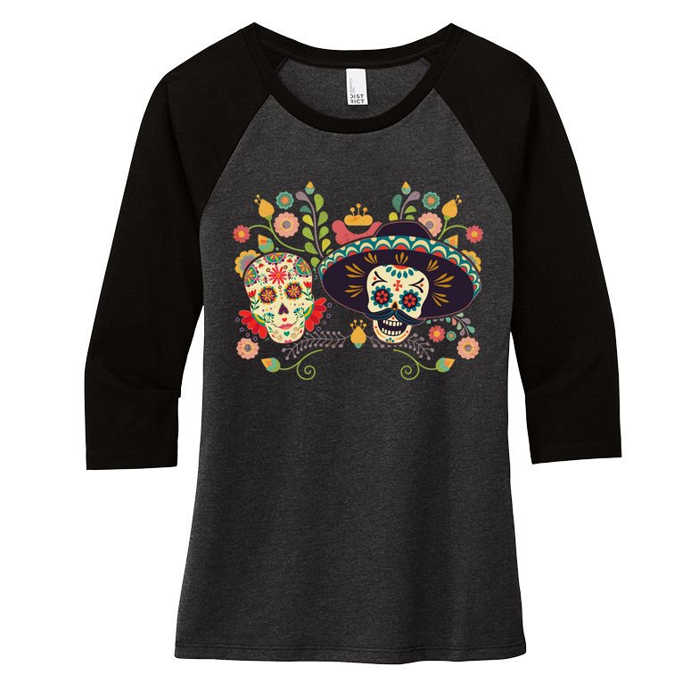 Sugar Skulls Day of the Dead Women's Tri-Blend 3/4-Sleeve Raglan Shirt