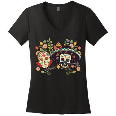 Sugar Skulls Day of the Dead Women's V-Neck T-Shirt