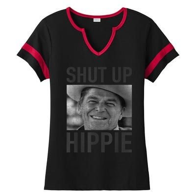 Shut Up Hippie Ronald Reagan Anti Liberal Republican Ladies Halftime Notch Neck Tee