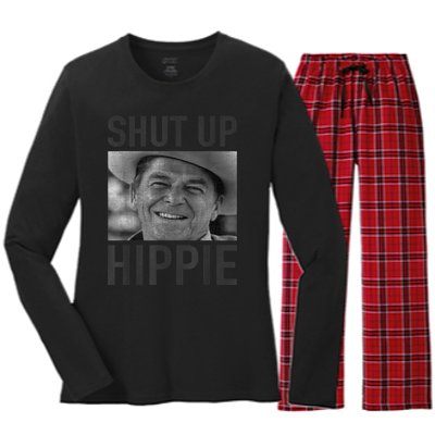 Shut Up Hippie Ronald Reagan Anti Liberal Republican Women's Long Sleeve Flannel Pajama Set 