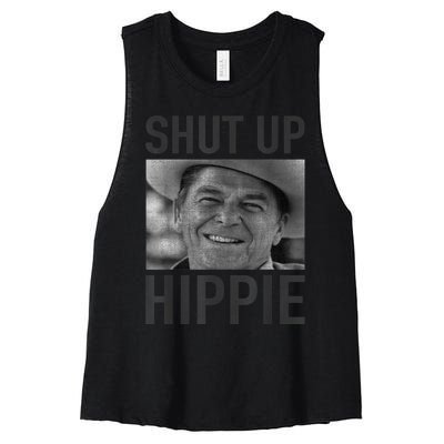 Shut Up Hippie Ronald Reagan Anti Liberal Republican Women's Racerback Cropped Tank