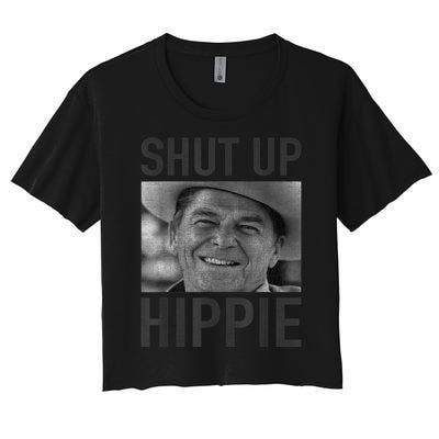 Shut Up Hippie Ronald Reagan Anti Liberal Republican Women's Crop Top Tee