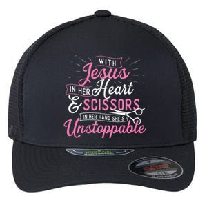 SheS Unstoppable Hairdresser Scissors Hair Stylist Salon Flexfit Unipanel Trucker Cap