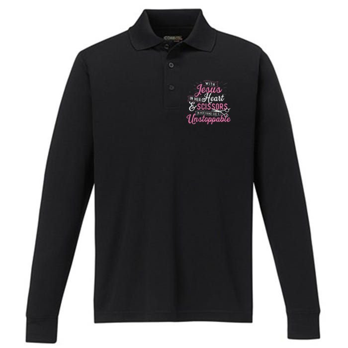 SheS Unstoppable Hairdresser Scissors Hair Stylist Salon Performance Long Sleeve Polo