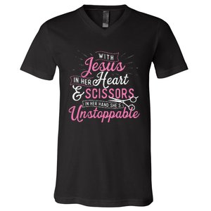 SheS Unstoppable Hairdresser Scissors Hair Stylist Salon V-Neck T-Shirt