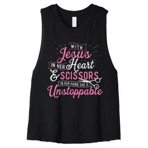 SheS Unstoppable Hairdresser Scissors Hair Stylist Salon Women's Racerback Cropped Tank